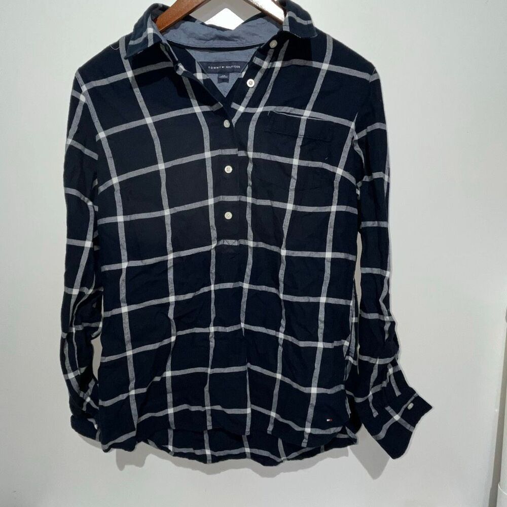 Tommy Hilfiger Women's Blue White‎ 100% Cotton Long Sleeve Popover Shirt Small